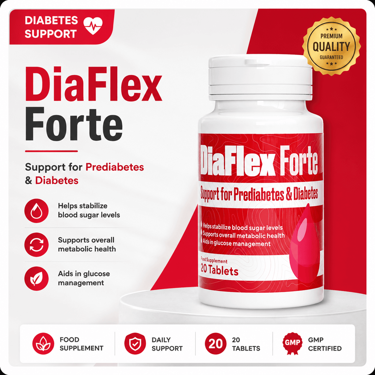 DiaFlex Forte diabetes support supplement with blood sugar management benefits and 20 tablets