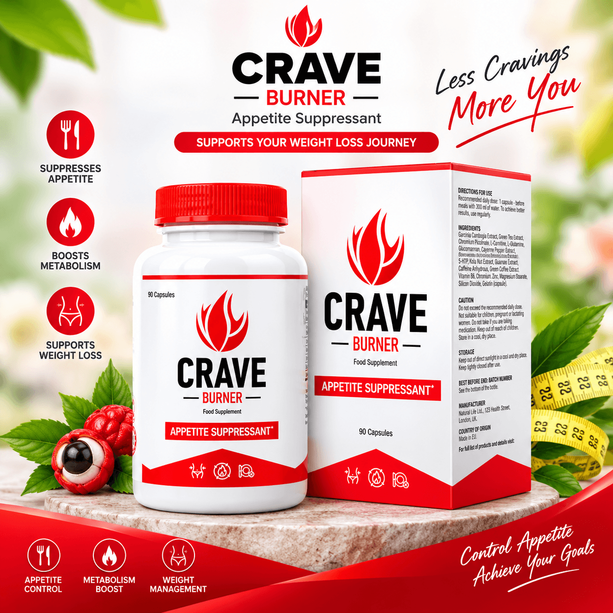 Crave Burner appetite suppressant supplement bottle and box for appetite control and weight management support